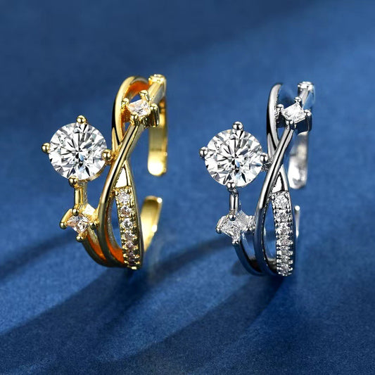 Womens Geometric Cross Ring With Sparkling Diamonds Featuring Celestial Orbital Paths